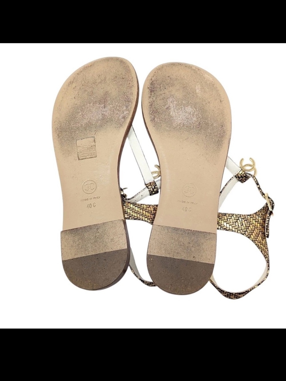 CHANEL Black & Gold Chain T-Strap Sandals - Picture 7 of 8